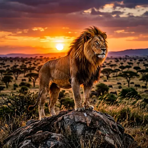 Majestic Male Lion in African Savannah at Sunset