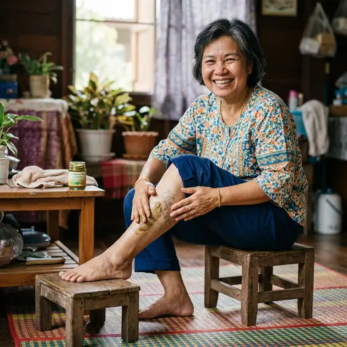 Thai Woman Applying Herbal Ointment for Varicose Veins Treatment