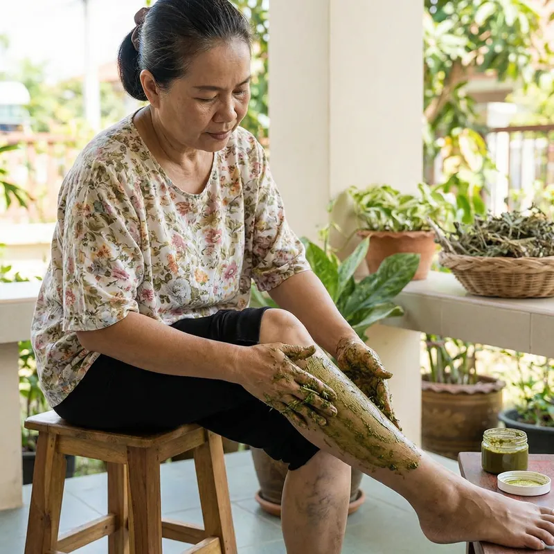 Thai Woman Using Herbal Ointment for Varicose Veins Treatment