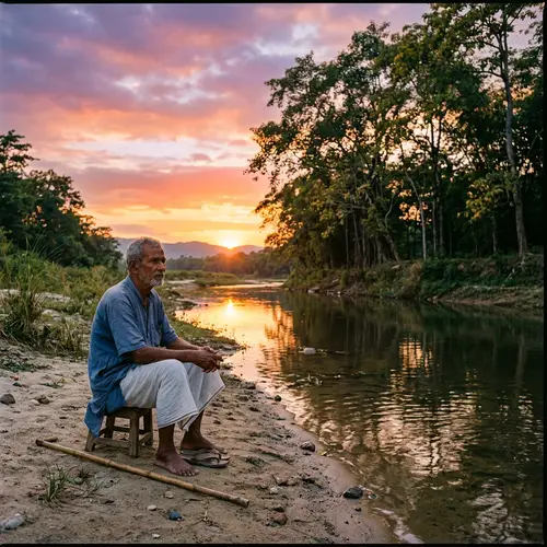 Tranquil South Asian Farmer Watching Sunset by Creek
