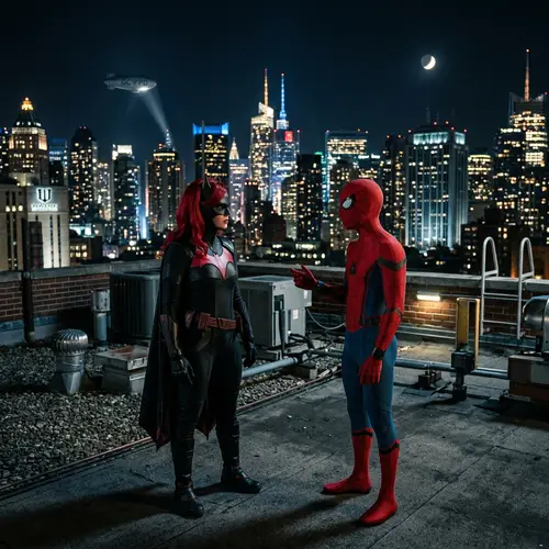 Batwoman and Spiderman Rooftop Night Talk