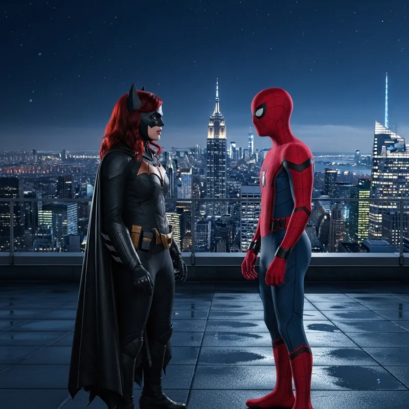 Batwoman and Spiderman Rooftop Night Talk