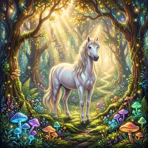 Mystical Forest with Unicorn and Glowing Mushrooms
