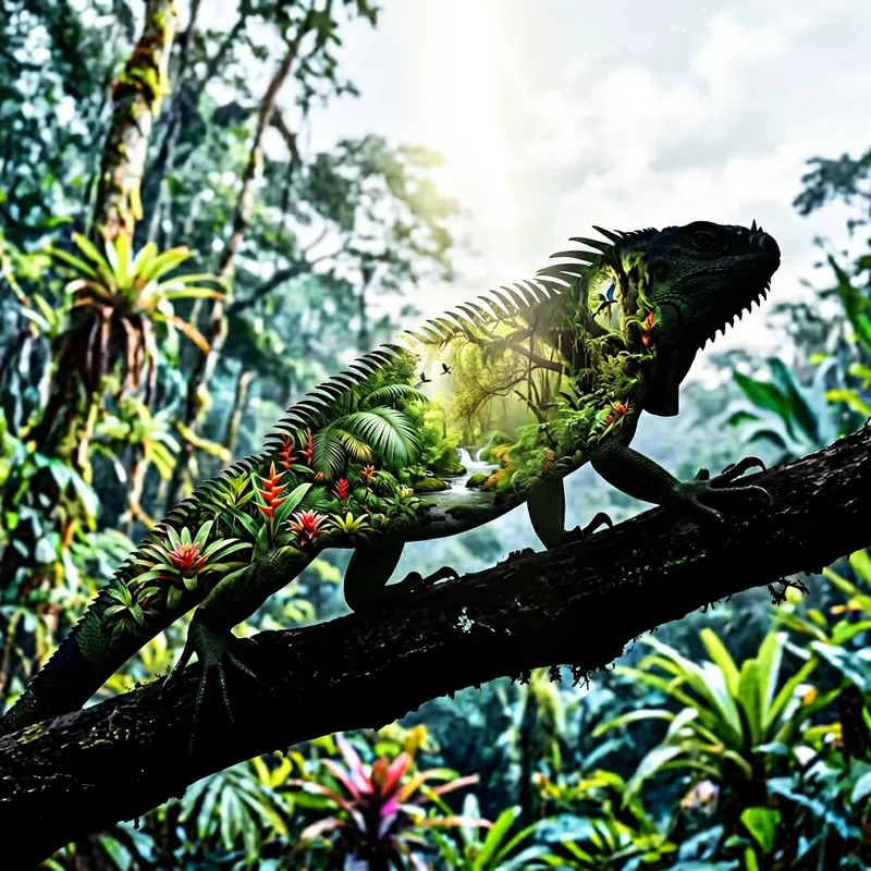 Iguana Double Exposure in Tropical Rainforest Iguana Double Exposure in Tropical Rainforest