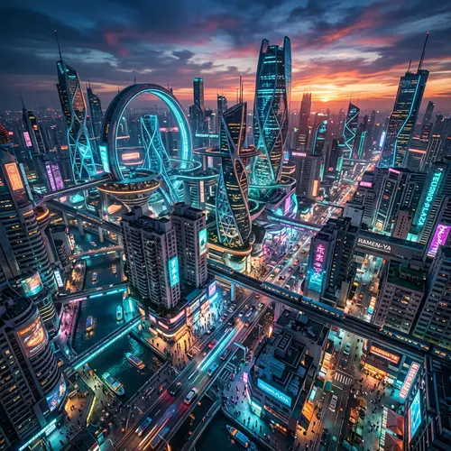 Futuristic Cityscape at Sunset | Cyberpunk Urban Oasis