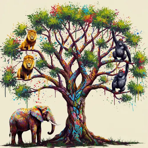 Vibrant Tree of Life Graffiti Art with Animals