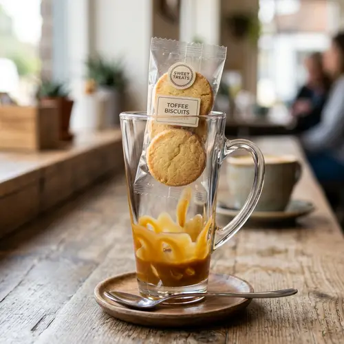 Delicious Latte with Toffee Syrup and Biscuit Treats
