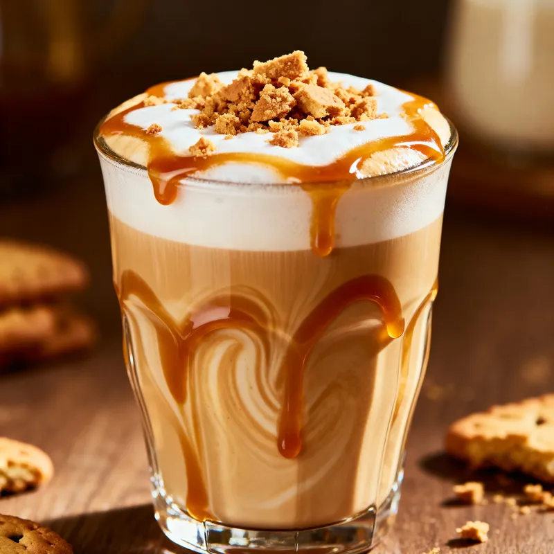 Delicious Latte with Toffee Syrup and Biscuit Treats