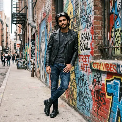 Stylish South Asian Young Adult by Graffiti Brick Wall