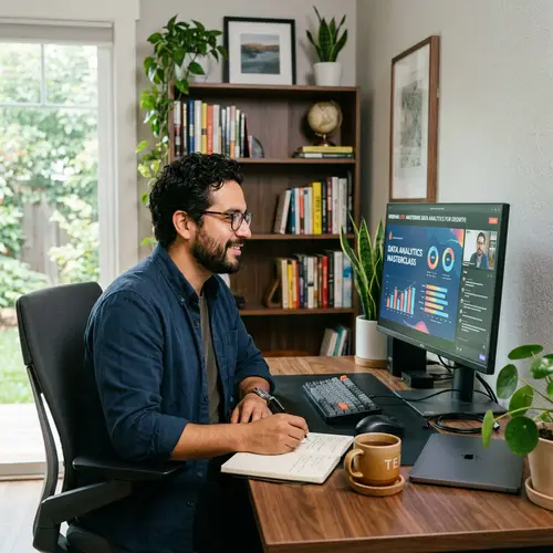 Hispanic Male Engaged in Webinar in Stylish Home Office
