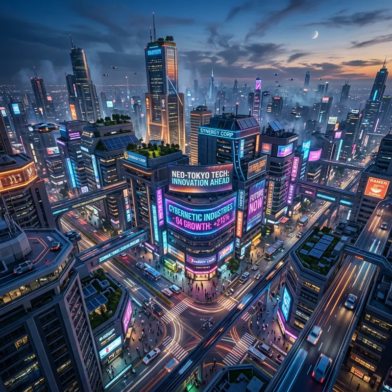 Elevated Cyberpunk City: Vibrant Business Growth at Dusk