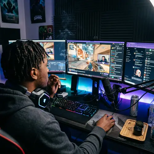 African American Streamer at Multi-Screen Setup
