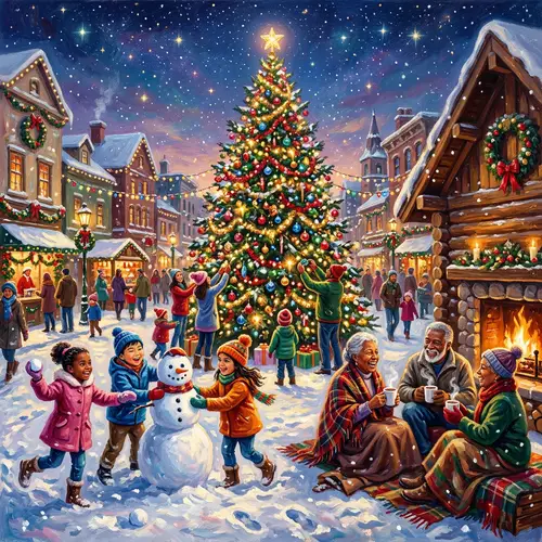 Festive Winter Holiday Scene - Vibrant Oil Painting