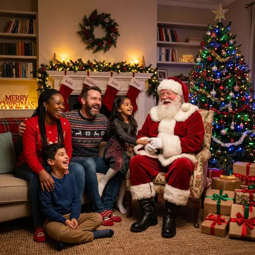 Celebrating Diversity: Heartfelt Moment with Santa in Festively Decorated Living Room
