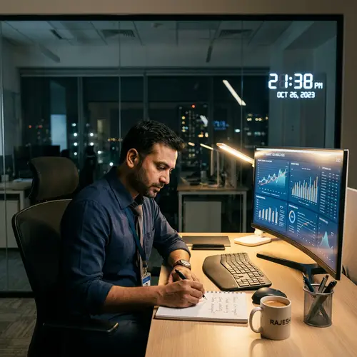 Dedicated South Asian Professional Working Late - Perseverance at Work