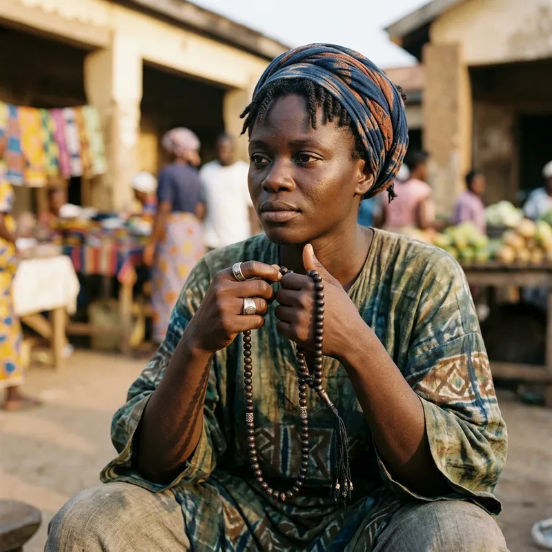 West African Individual Holding a String of Prayer Beads