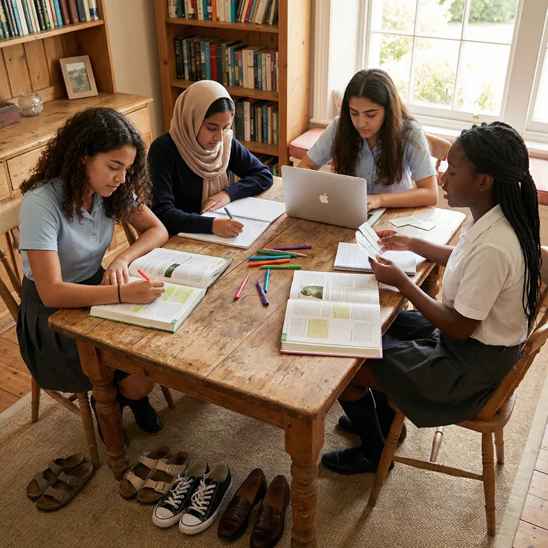Barefoot Schoolgirls Studying Together in Harmony