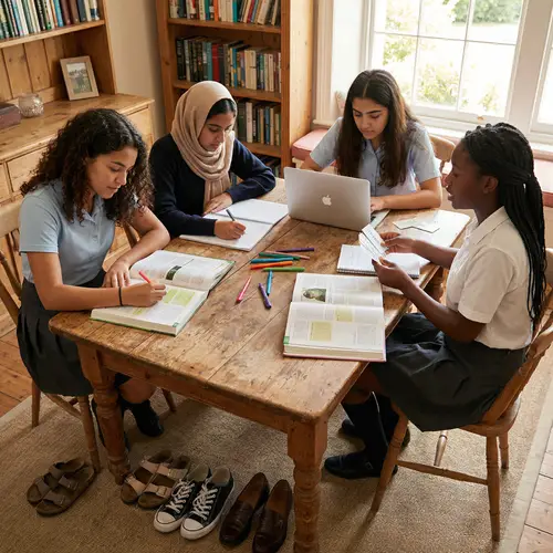 Barefoot Schoolgirls Studying Together in Harmony