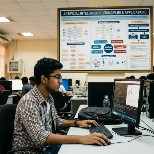 South Asian Male Student Using Computer with AI Board
