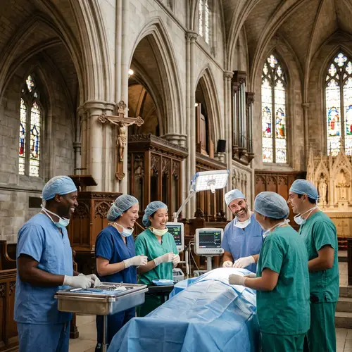 Diverse Doctors Performing Organ Transplantation in Gothic Church Setting