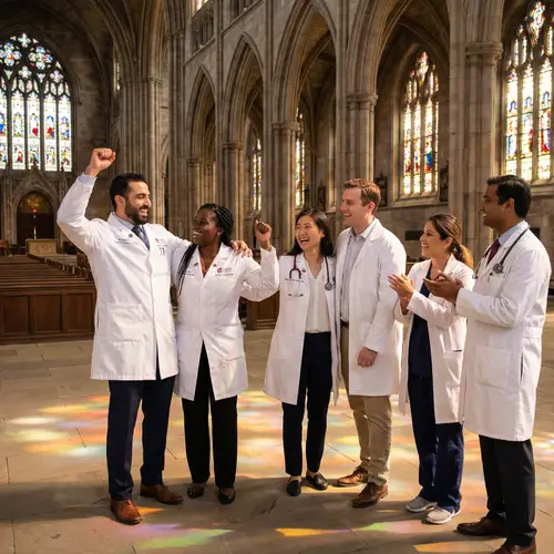 Diverse Group of Doctors Celebrating in a Gothic Church