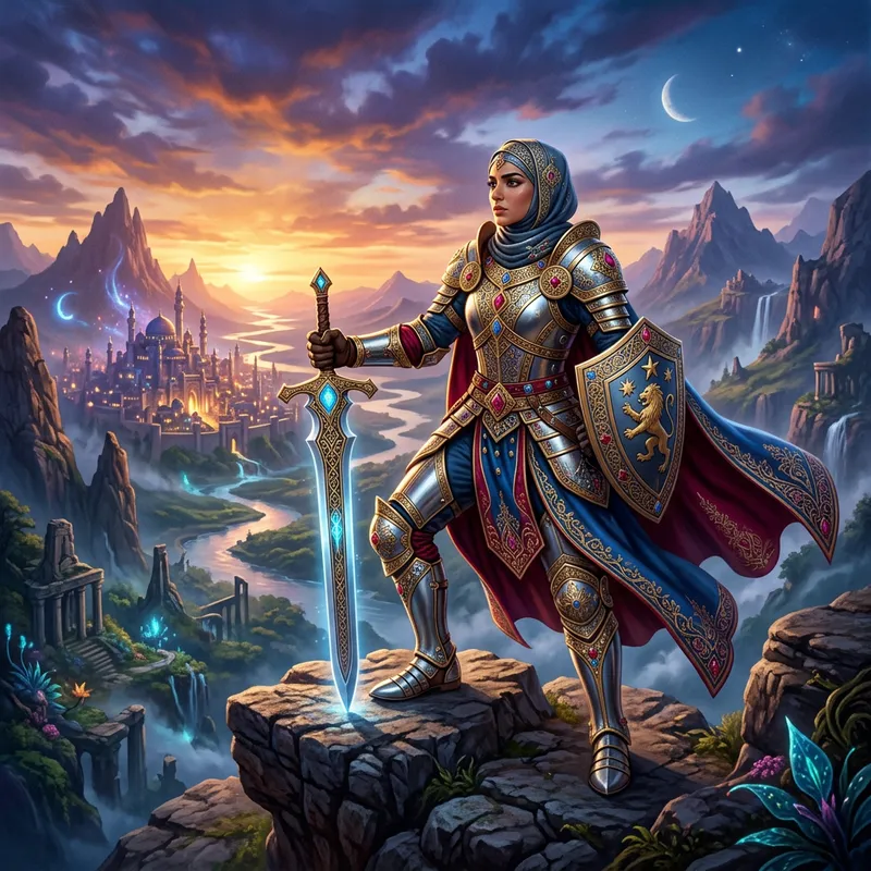 Dynamic Female Knight in Vibrant Modern Armor Dynamic Female Knight in Vibrant Modern Armor