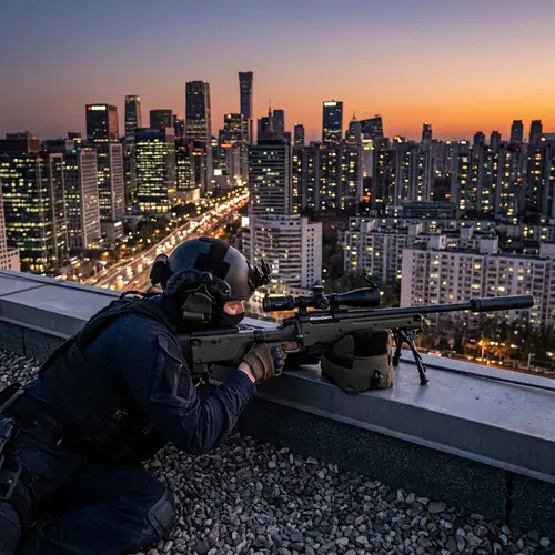 Tactical SWAT Sniper on Rooftop: Urban Dusk