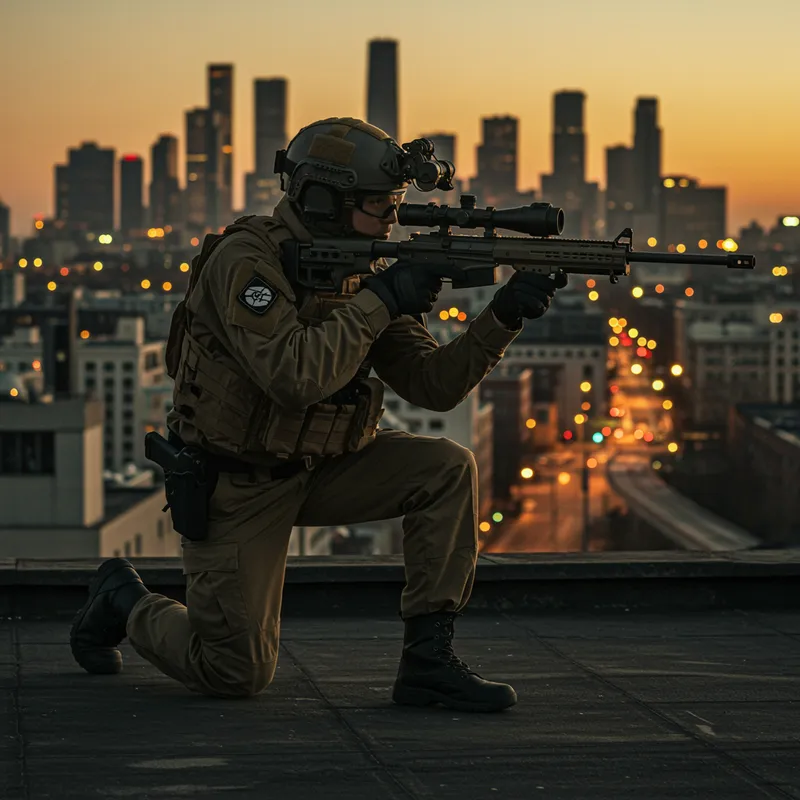 Tactical SWAT Sniper on Rooftop: Urban Dusk