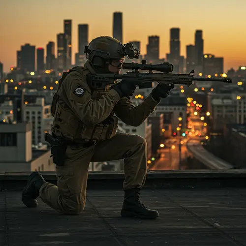 Tactical SWAT Sniper on Rooftop: Urban Dusk