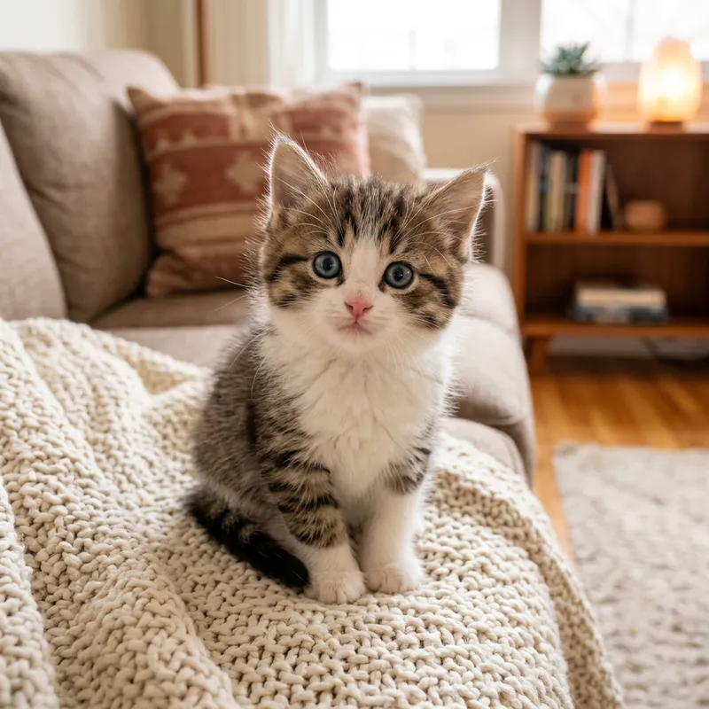 Cute Brown and White Kitten in Cozy Living Room