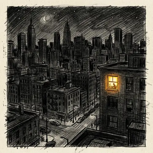 Hand-Drawn Night Cityscape with One Light