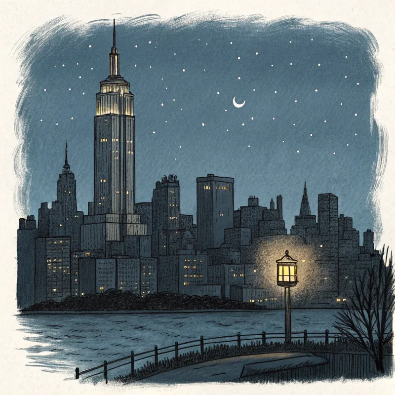 Hand-Drawn Night Cityscape with One Light