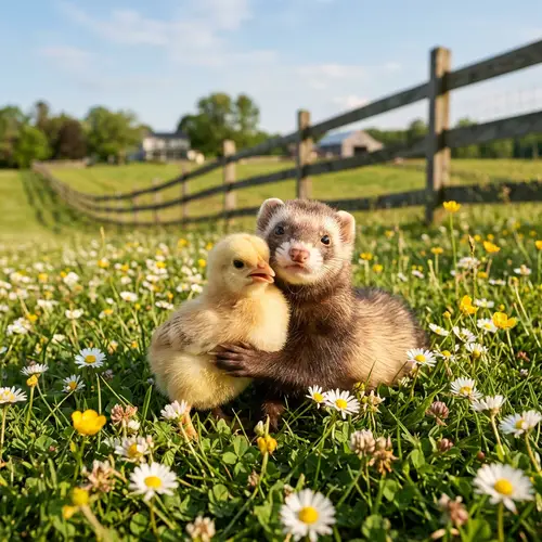 Adorable Chick and Ferret Hugging - Heartwarming Farm Scene