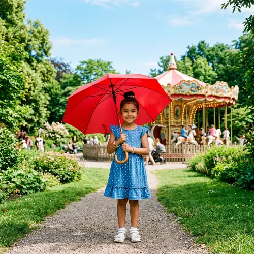 Young Hispanic Girl with Red Umbrella in Lush Park