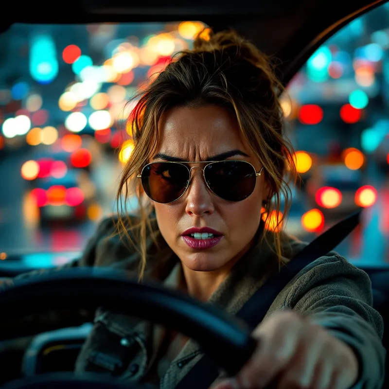 Frustrated Mother in SUV Amidst Chaotic Traffic