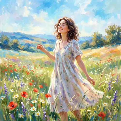 Joyful Brunette in Sunlit Meadow - Impressionist Art