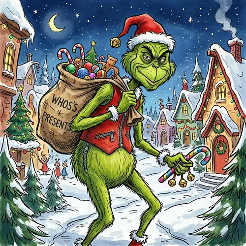 The Grinch Costume - Playful Green-Furred Man Illustration