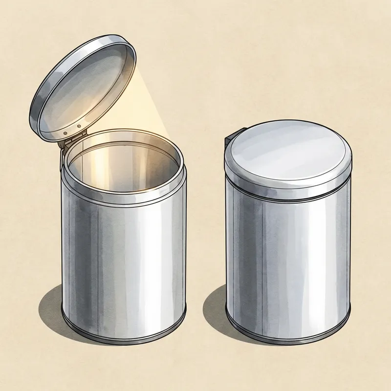 Open and Closed Stainless Steel Trash Cans