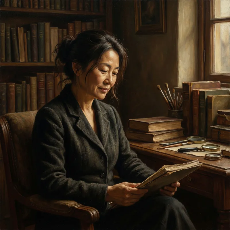Intriguing Portrait of an Asian Woman in Her Forties | Serene Study Scene Intriguing Portrait of an Asian Woman in Her Forties | Serene Study Scene
