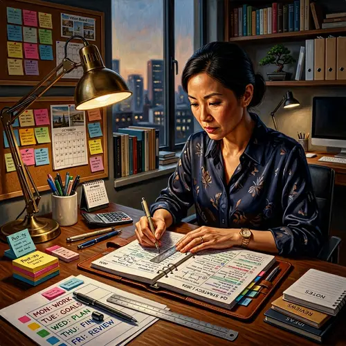 Meticulous Asian Woman Portraying Intense Concentration in Contemporary Realism