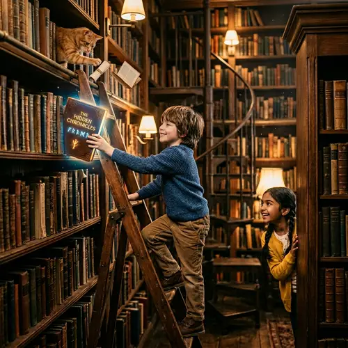 Curiosity Unveiled: Enchanting Library Scene with Children and Cat