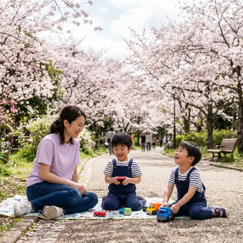 Asian Twin Boys Playing with Mother in Cherry Blossom Park | Happy Family Time