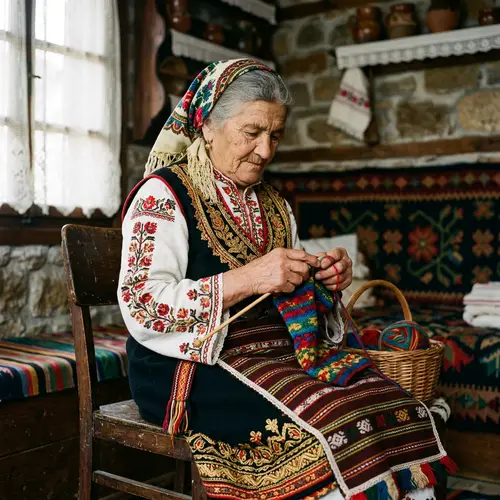 Traditional Bulgarian Woman Knitting in Eastern Europe
