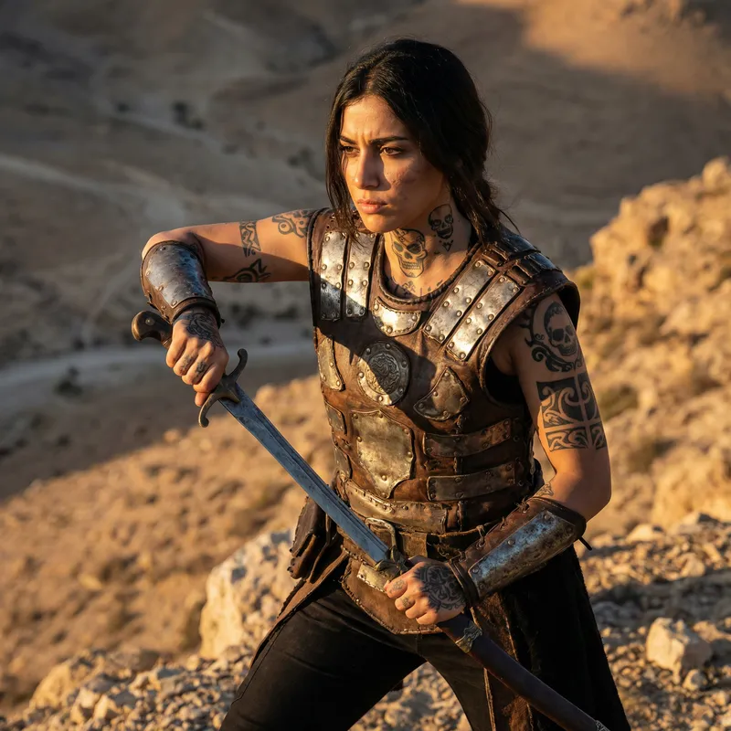 Warrior Girl in Armor with Skull Tattoos