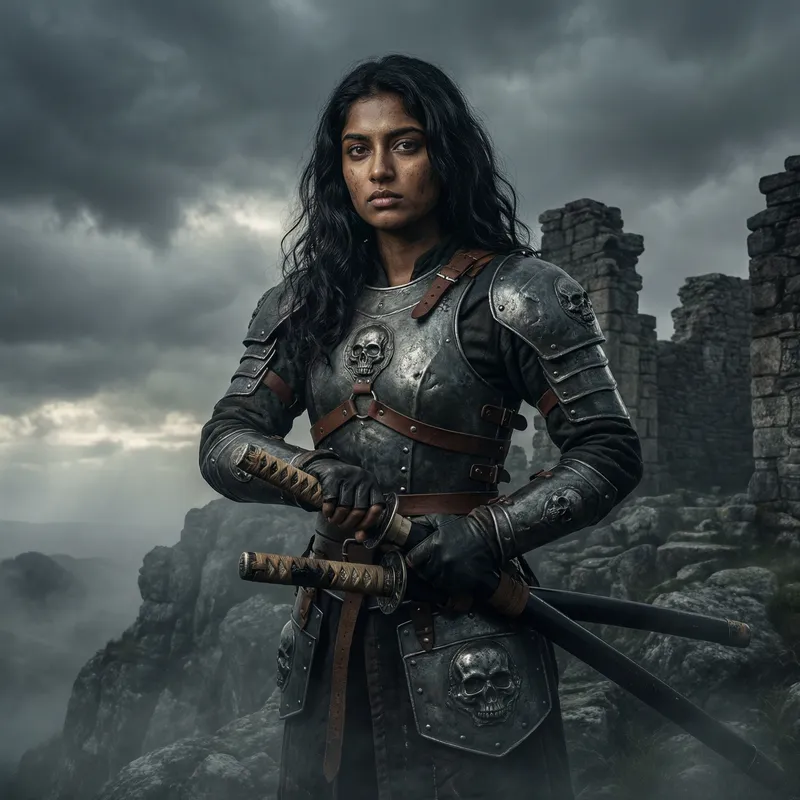 Warrior Girl with Skulls and Armor: Strength & Resilience