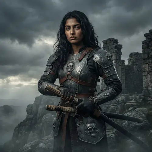 Warrior Girl with Skulls and Armor: Strength & Resilience