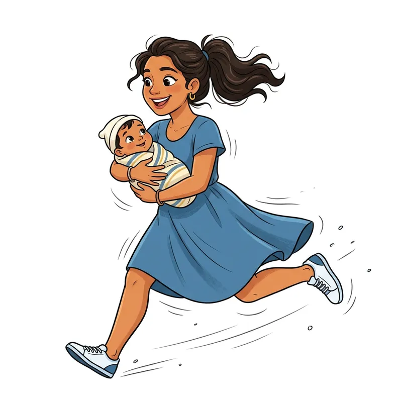 Mother Running with Baby in Blue Dress, Side View Cartoon