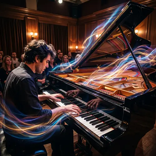 Captivating Music Scene with Rippling Sound Waves | Piano Image