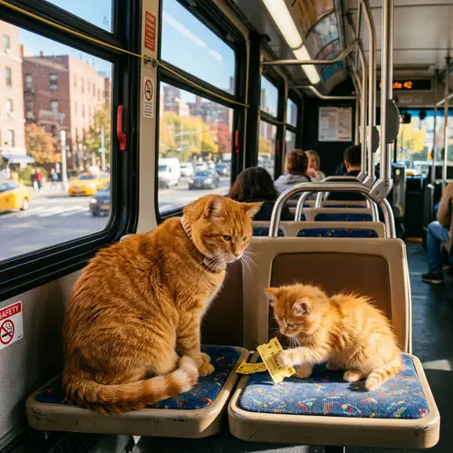 Happy Orange Cat and Kitten on a City Bus