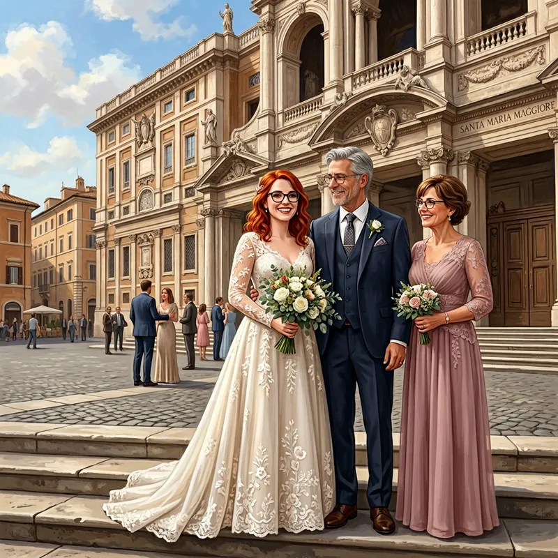 Realistic Wedding Scene with Bride, Groom, and Bride's Maid in Rome